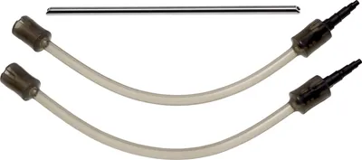 Two flexible tubes with connectors and a metal rod.