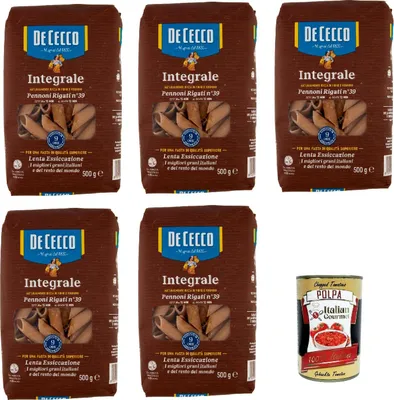 Produktbild von De Cecco Integrale Pennoni rigati N° 39, Pasta integrale, Vollkornnudeln, 5x 500g + Italian Gourmet polpa 400g