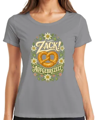 Zdjęcie produktu dla Zack! Preclek, haftka, edelweiss, tradycyjny strój bawarski, spodnie skórzane, sukienka, damska koszulka, szara, rozmiar XXL