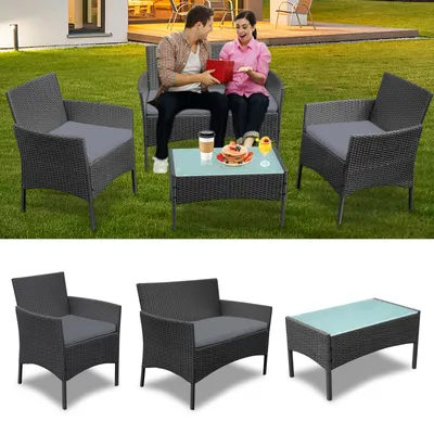 Produktbild von LZQ Gartengarnitur Gartenmöbel Poly Rattan Balkonmöbel Sitzgruppe Lounge Set inkl. 1 Bank + 2 Stühle + 1 Tisch mit Glasplatte für Garten