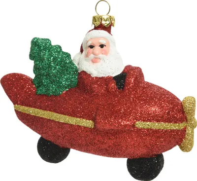 Produktbild von Christbaumschmuck Kunststoff Weihnachtsmann im Flugzeug 10,7cm rot