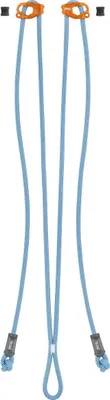 Blau-weiß gemusterte Schlinge mit zwei orangen Verstellern und grauen Endkappen von Petzl