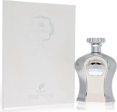 A white box and a silver and white perfume bottle are displayed against a white background.