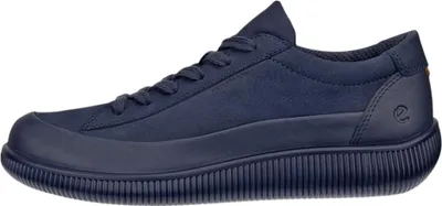 A side view of a single navy blue sneaker against a white background.