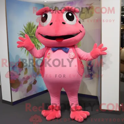 Produktbild von Maskottchen REDBROKOLY eines rosa Frosches mit Schlagjeans und Stirnbändern