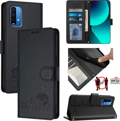 Produktbild von Leder Hülle für Xiaomi Redmi Note 9 4G Süße Katze Flip Case Brieftasche Schutzhülle mit Standfunktion Schwarz