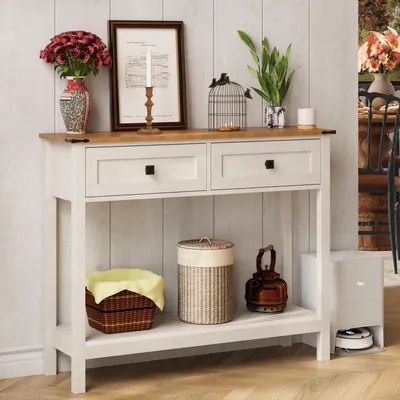 Immagine prodotto di Tavolino consolle con 2 cassetti e ripiano aperto, stile rustico, stile country, color bianco anticato