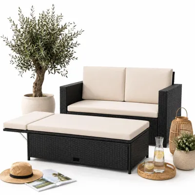 Produktbild von Mucola Gartenmöbel Polyrattan Lounge Sessel Sofa Bank Tisch Fußbank klappbar Rattan Gartenset Outdoor Sitzmöbel - Schwarz