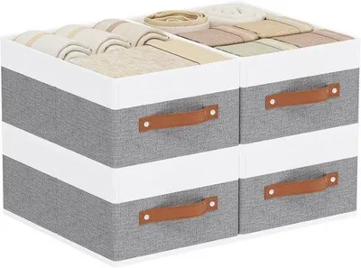 Produktbild von Famanu Aufbewahrungsboxen 4er Set – Faltbare Stoffboxen mit Griffen, 33 x 23 x 14 cm, Weiß und Grau