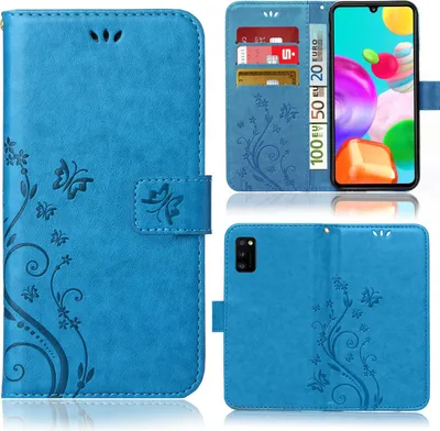 Produktbild von Handy Tasche für Samsung Galaxy A41 Schutz Hülle Handyhülle mit Blumenmuster Klapp Hülle mit Standfunktion und Kartenfächer Blau