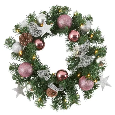 Productafbeelding van Eglo LED kerstkrans met kunsttakken, kerstballen, "Noel"-decoratie, diameter 40 cm, werkt op 3 x AA-batterijen, met timer