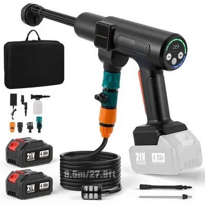 Image de Nettoyeur haute pression sans fil - Pistolet à eau sans fil 1200 PSI 800 W - Avec 2 batteries - Pour le nettoyage de la voiture et du jardin - Noir