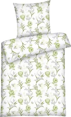 Produktbild von Renforce Bettwäsche 135x200 geblümt 100% Baumwolle, Bettbezug Blumen Grün Beige