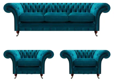 Produktbild von Chesterfield Blaue Couchen Polstersofas Wohnzimmer Textil Sitzmöbel 3tlg