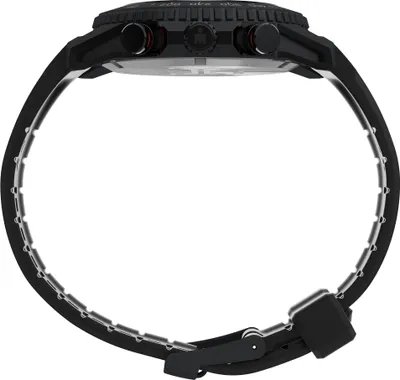 A side view of a black digital watch with a black strap.