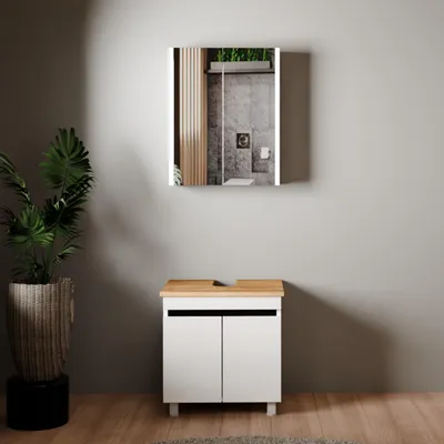 Produktbild von Badmöbel Set Weiß Venus | Badunterschrank mit Füßen | Spiegelschrank hängend 60 mit Konsole Eiche