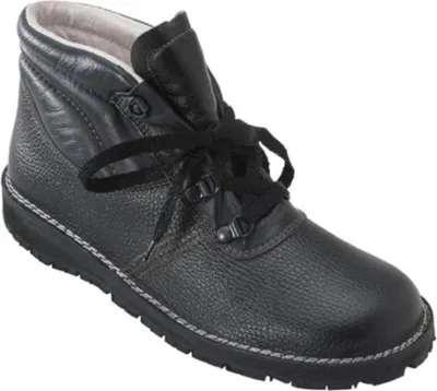 A black leather work boot is shown against a white background.
