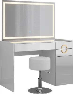 A white high-gloss vanity table with an LED mirror and a matching stool.