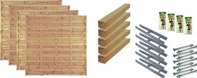 A collection of fencing elements and hardware, including wooden fence panels, posts, and metal brackets, arranged on a white background.