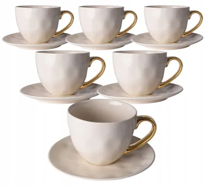 Zdjęcie produktu dla Komplet 6 Filiżanek Porcelanowych Ze Spodkiem 320Ml Cream Gold Kawa Herbata