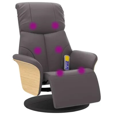 A gray faux leather massage chair with a wooden accent on the armrest, shown with purple circles indicating massage points.