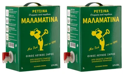 Produktbild von Retsina Malamatina 2x 3,0l Bag-in-Box | Geharzter Weißwein aus Griechenland | 11% Vol. | +20ml Jassas Olivenöl