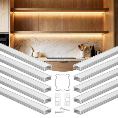 Obrázek produktu pro VEVOR LED profil, balení po 10 kusech, 2 m, eloxované hliníkové profily s mléčným krytem, koncovky a upevňovací spony, kanály, difuzor pro LED pásky, ideální pro podstavce pracovních desek, tvar U