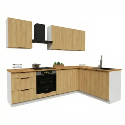 Obrázek produktu pro Rohová kuchyňská linka - 260x170 cm - Dub Hicora - 8 skříněk - s hnědou pracovní deskou - moderní sestava nábytku - BONO