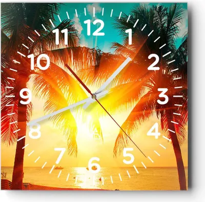 Produktbild von Wanduhr - Quadrat - Glasuhr - Meer Palme Wasser - 40x40cm - Schleichendes Uhrwerk - Lautlos - zum Aufhängen bereit - Dekoration Modern - Wanddekoration aus Glas - C4AC40x40-4018