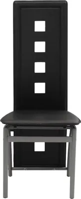 A front view of a black dining chair with a gray metal frame.