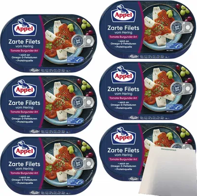 Produktbild von Appel Zarte Filets vom Hering Tomate Burgunder Art 6er Pack (6x200g Dose) + usy Block