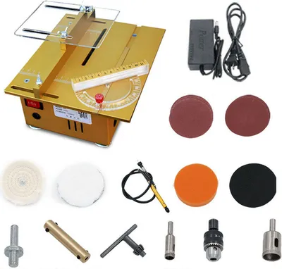 Obrázek produktu pro Stolní kotoučová pila Mini stolní pila pro kutily Výška řezu 0-27 mm pro ruční výrobu modelů z kovu, plastu a akrylu, velikost stolu 24 x 20 cm (100 W, zlatá)