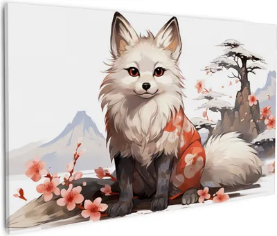 Produktbild von Wallario Premium Leinwandbild Fuchs mit Kirschblüten in Größe 60 x 90 cm