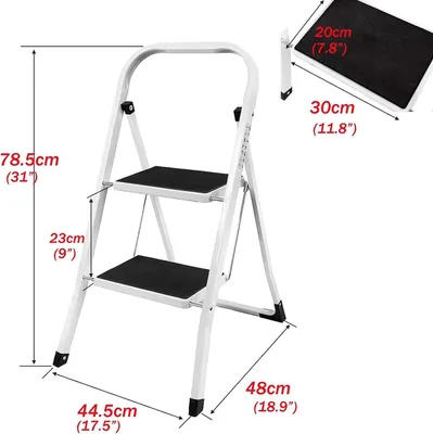 Image de Échelle pliante à 2 marches - Acier - Marches et pieds antidérapants - Portable - Capacité de charge de 150 kg - Pour l'intérieur et l'extérieur