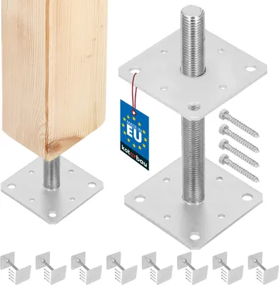 A product shot of adjustable post bases and screws, with a wooden post attached to one of them.