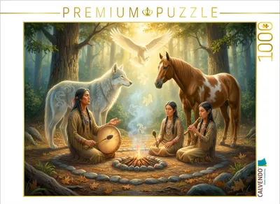 Produktbild von CALVENDO Puzzle Musikritual im Wald - Spiritualität der Indianer | 1000 Teile Lege-Größe 64x48cm Foto-Puzzle für glückliche Stunden