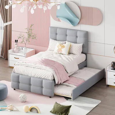 Produktbild von Polsterbett 90 x 200 cm, ausziehbares Kinderbett, verstellbares Kopfteil, Leinenpolsterung, Grau