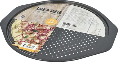 Produktbild von BIRKMANN Flammkuchenblech, Ø 32 cm, Antihaftbeschichtung, Perforiert, mit Griffflächen und Rezept, 21