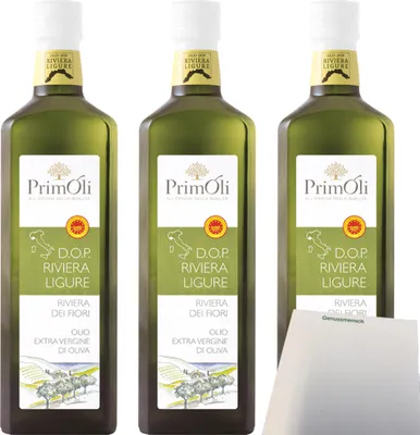 Produktbild von PrimOli Natives Olivenöl Riviera Ligure extra 3er Pack (3x500ml Flasche) + usy Block