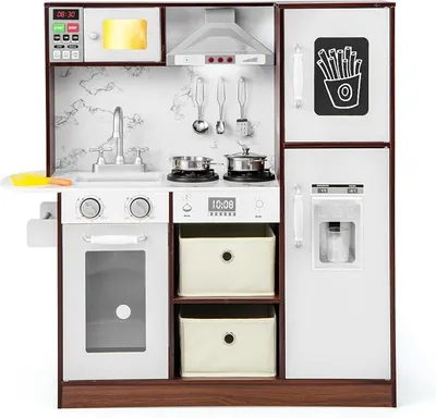 Imagen del producto de Cocina de juguete con luces y sonidos, cocina de madera con pizarra, placa de cocina, campana extractora, fregadero y horno. Cocina de juego con 17 accesorios, ideal para niños a partir de 3 años