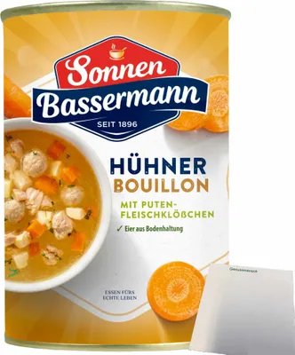 Produktbild von Sonnen Bassermann Hühnerbouillon mit Putenfleischklößchen (400ml Dose) + usy Block