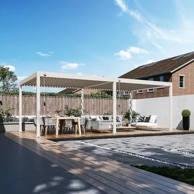 Immagine prodotto di Pergola Weide Deluxe interamente in alluminio 3,6x7,2 m con tetto a lamelle, modello indipendente, colore Ivory Sand