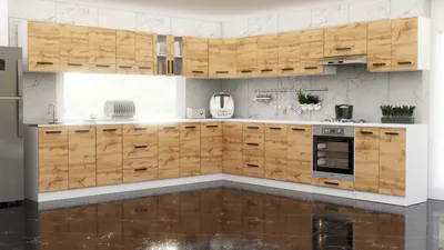 Zdjęcie produktu dla Blanco ® Meble kuchenne narożne Kuchnia narożna COSTA 6,8 m BIAŁY/DĄB WOTAN ZESTAW REGAŁ ANEKS SZAFKA BLAT