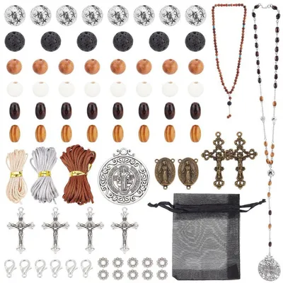 Image de Kit de fabrication de rosaires, 359 pièces : perles en bois et pendentifs en alliage pour la création de bijoux artisanaux