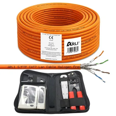 Produktbild von ARLI Cat7 Verlegekabel 100m Netzwerkkabel + Werkzeug Set inkl. Crimpzange + LSA + Tester + Messer