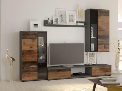 Produktbild von Wohnwand SALVO Old Style – Wohnzimmer Set mit 2 Vitrinen, TV-Schrank und Wandregal – Moderne Schrankwand mit viel Stauraum