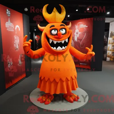 Produktbild von Orange REDBROKOLY Dämon Maskottchen Kostüm Figur bekleidet mit einem Empire Taille Kleid und Schuhclips