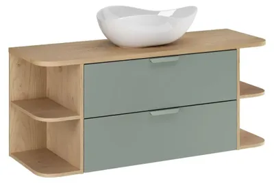 Productafbeelding van Set OSTER 120cm: onderkast met saliegroene lades en zichtbare nissen + blad voor wasbak + opbouwwastafel wit