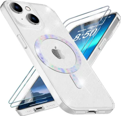 Immagine prodotto di Custodia MagSafe glitter e 2x vetro protettivo per iPhone 14, copertura in pellicola trasparente per il display