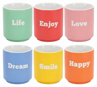 6er-Set Porzellanbecher 180 ml mit Reliefwort, bunt
